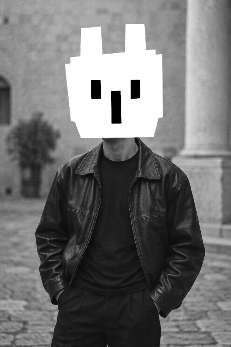 A person in an oversized leather jacket with the Plughead mascot head covering their face